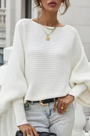 RibbedNeckline LOOSE STRAPLESS LARGE SIZE SOLID COLOR SWEATER