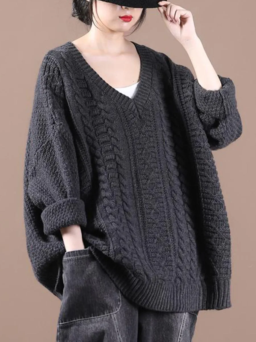 Loose V-neck Solid Color Long-sleeved Casual Sweater