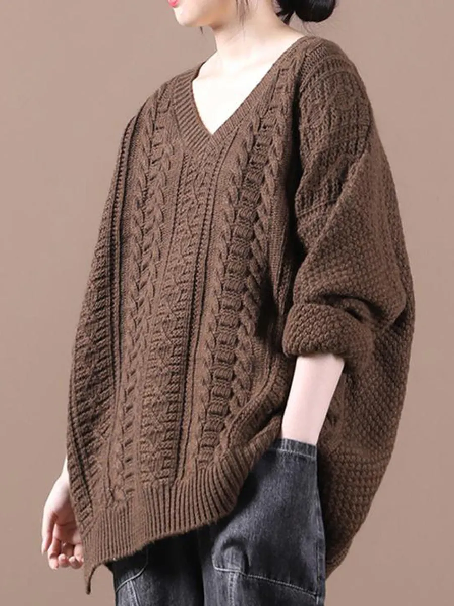 Loose V-neck Solid Color Long-sleeved Casual Sweater