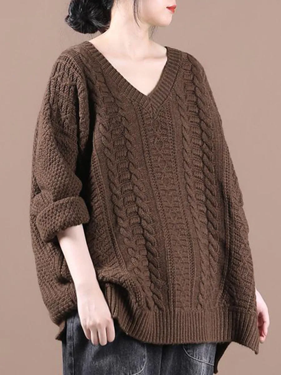 Loose V-neck Solid Color Long-sleeved Casual Sweater