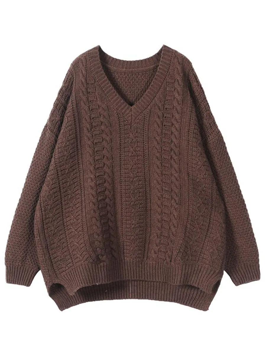 Loose V-neck Solid Color Long-sleeved Casual Sweater