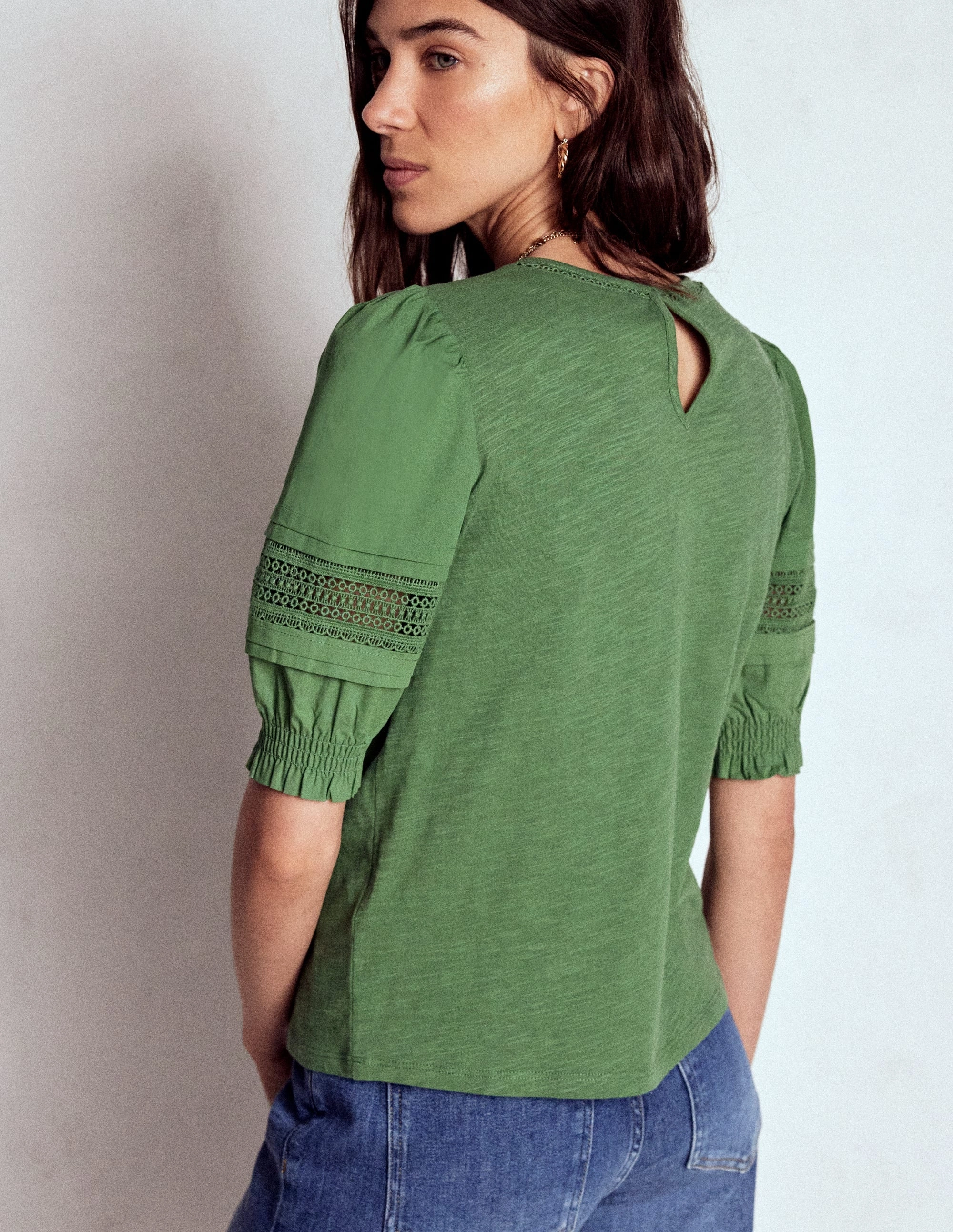 Drop Shoulder Cut Lottie Puff Sleeve Top-Newt Green