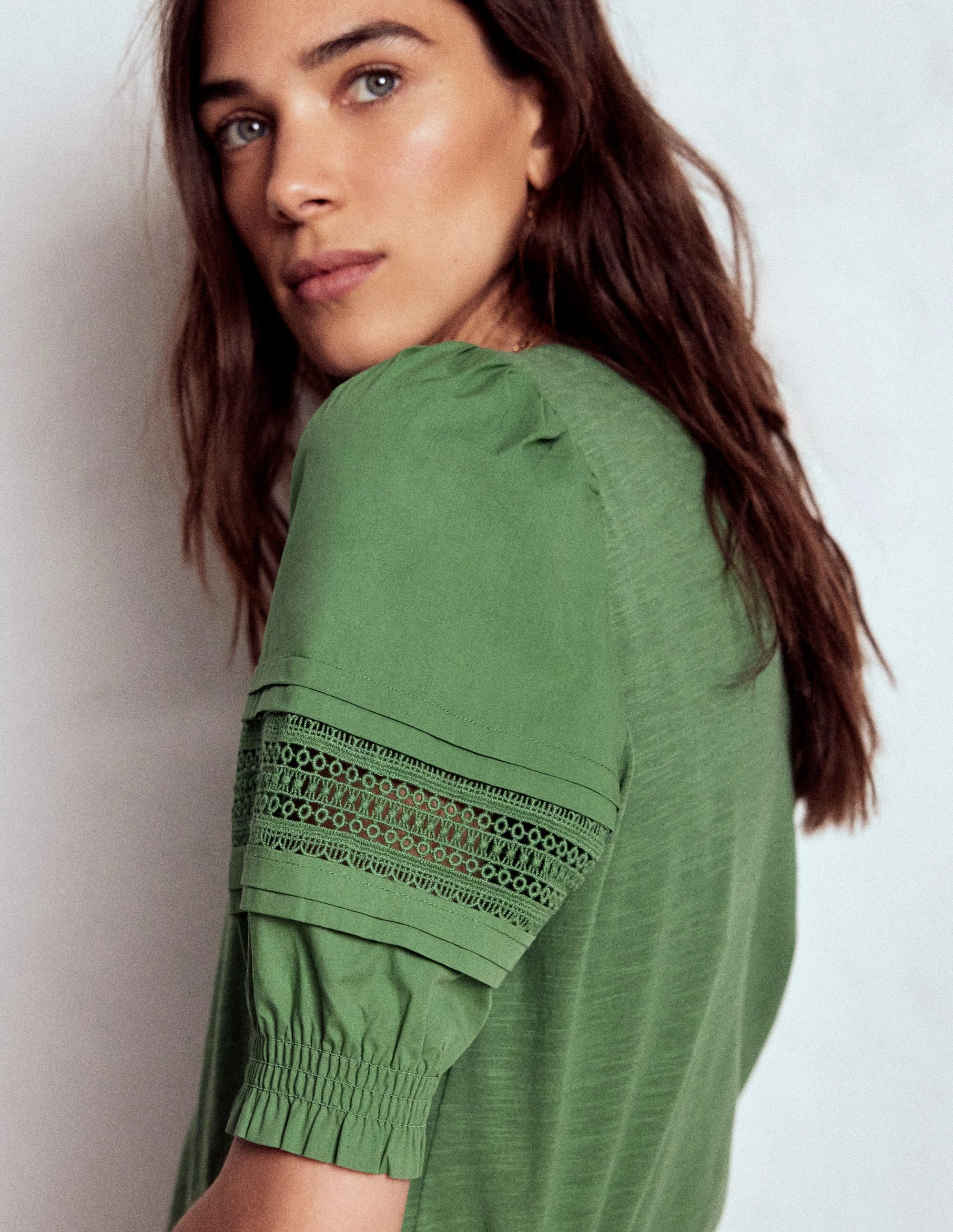 Elasticated Trim Lottie Puff Sleeve Top-Newt Green