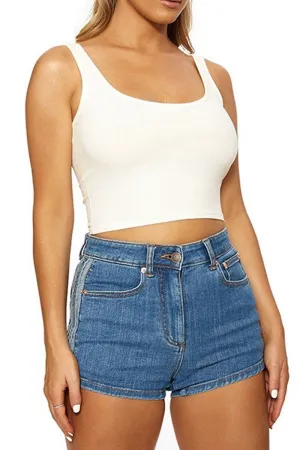 WOMEN SLIM FITTED BASIC DAILY CROP TANK TOP Interlock Stitching Tapered Side Panels