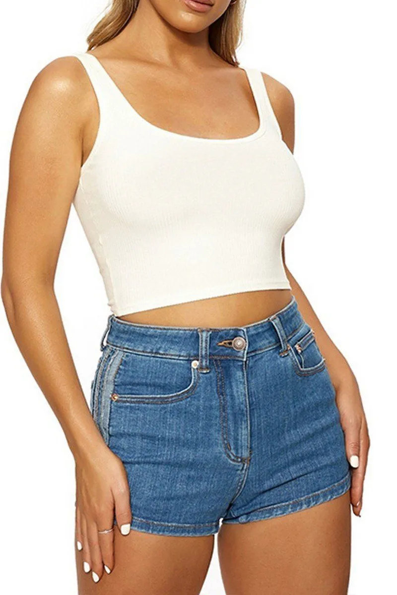 WOMEN SLIM FITTED BASIC DAILY CROP TANK TOP Durable Reinforced Shoulders Overlock Edging