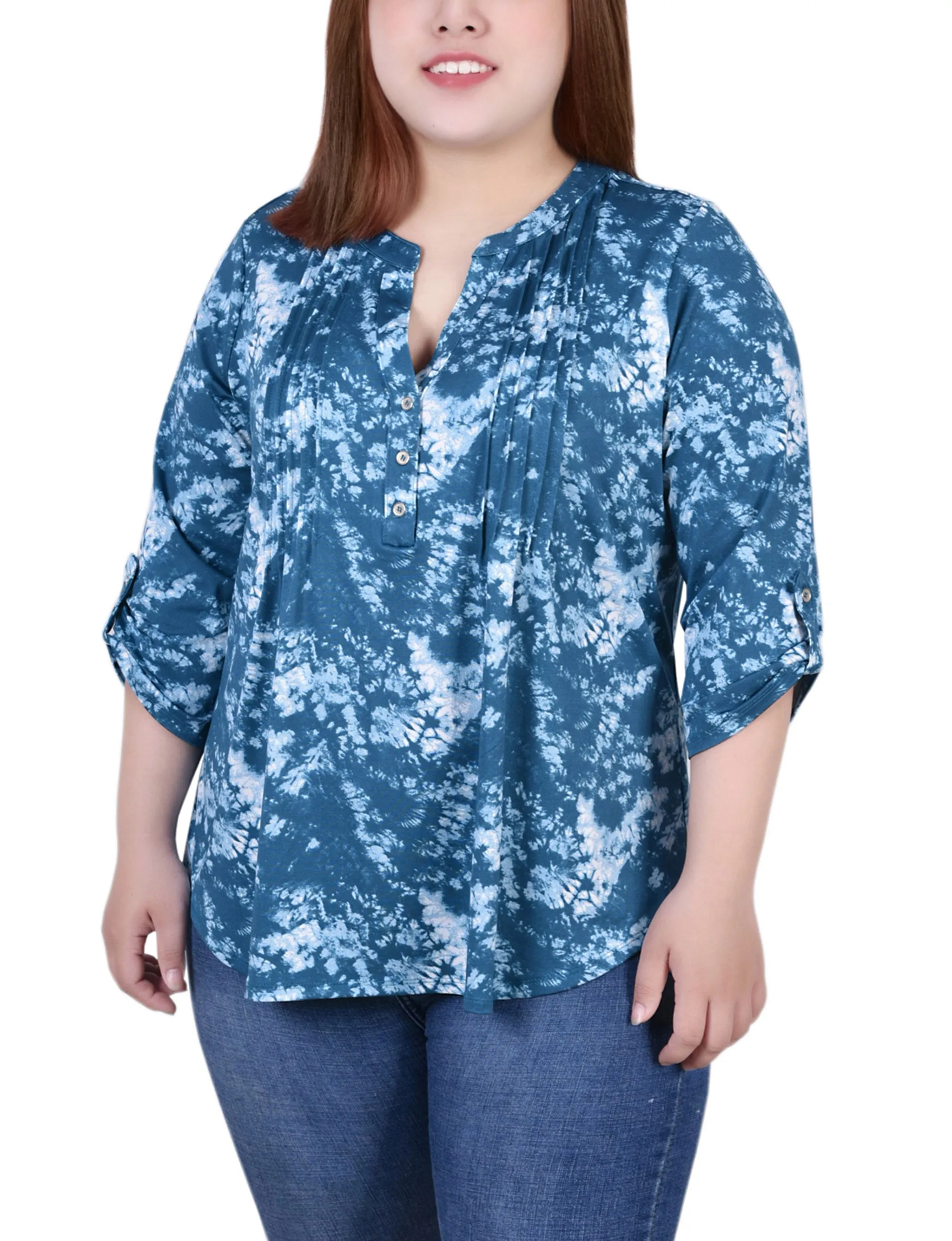 Reflective details Plus Size Knit Jacquard 3/4 Sleeve Roll Tab Top