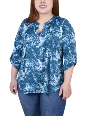 Plus Size Knit Jacquard 3/4 Sleeve Roll Tab Top OdorResistantTreatment Tension Balanced Design