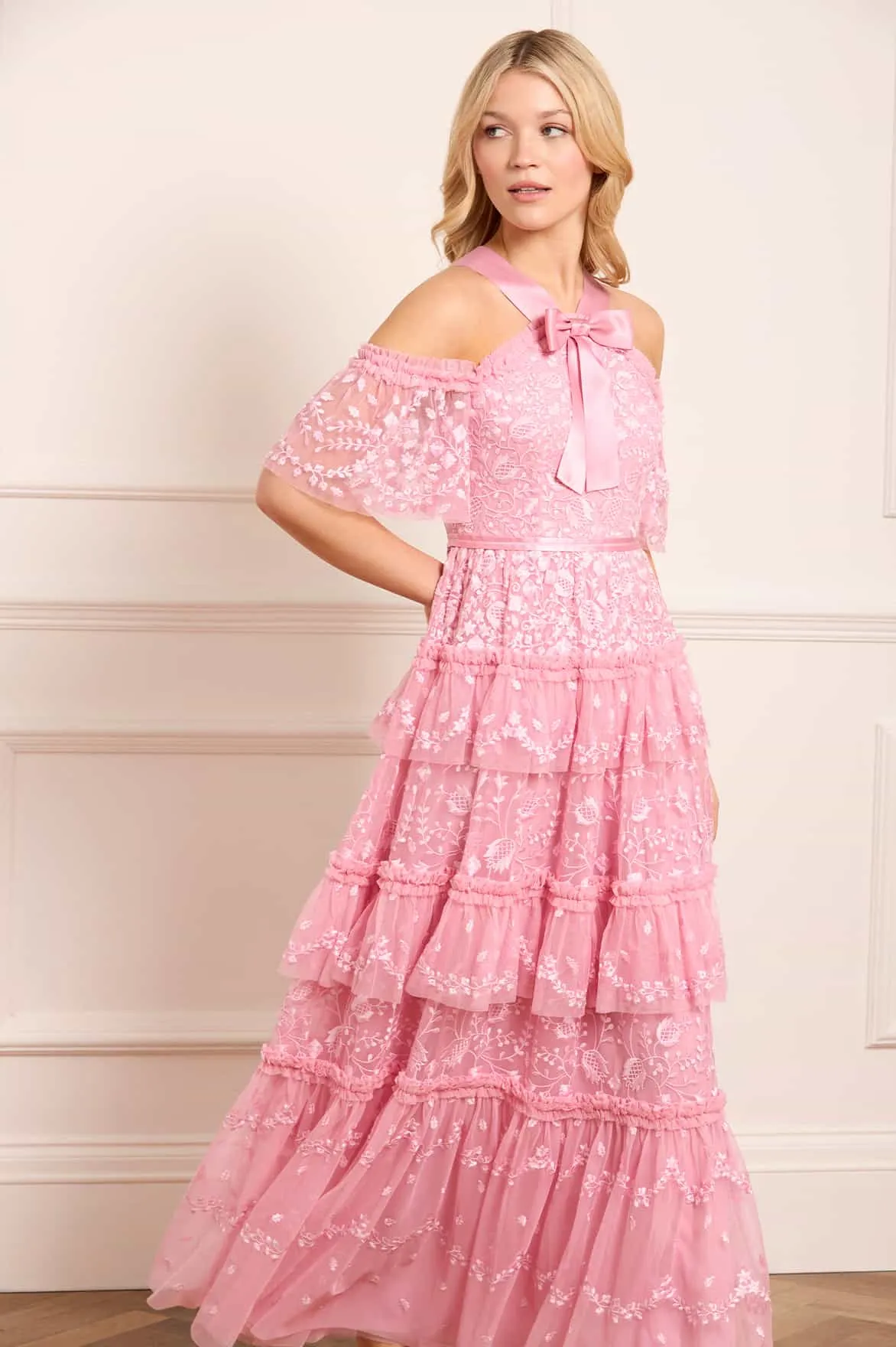 Gloss Finish Mesh-Detail Primrose Gown