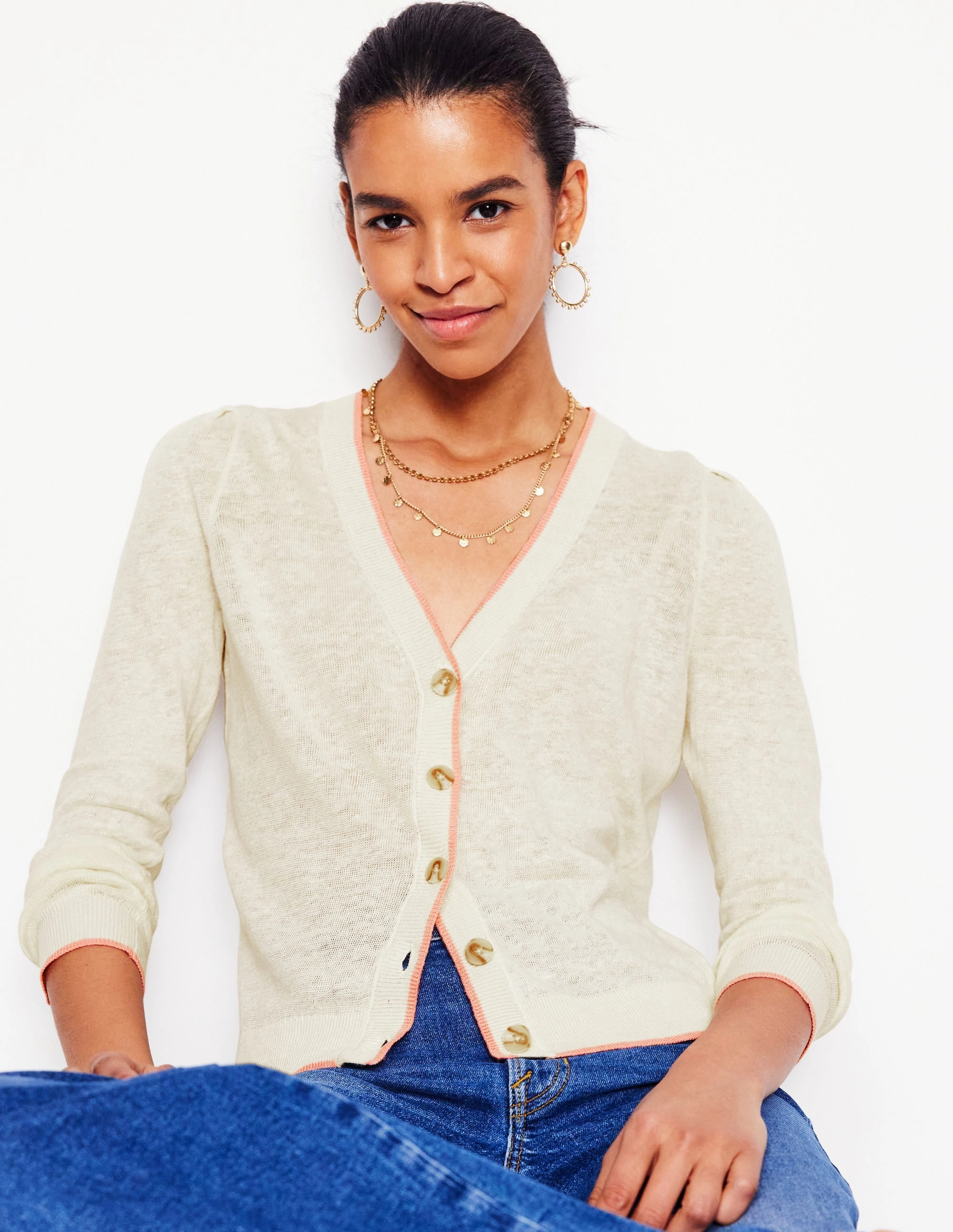 Elastic hemline Thermal Insulation Knits Liv V-Neck Linen Cardigan-Warm Ivory
