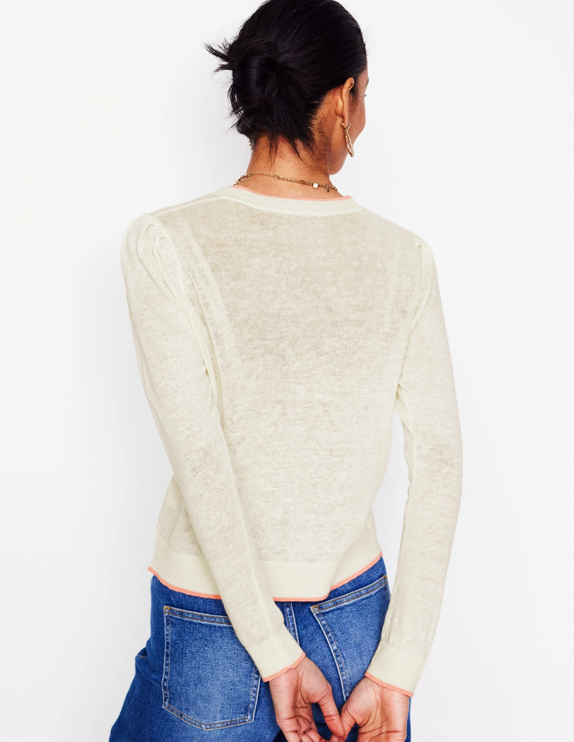 Liv V-Neck Linen Cardigan-Warm Ivory Ventilated Mesh Panel Durable Edge Binding