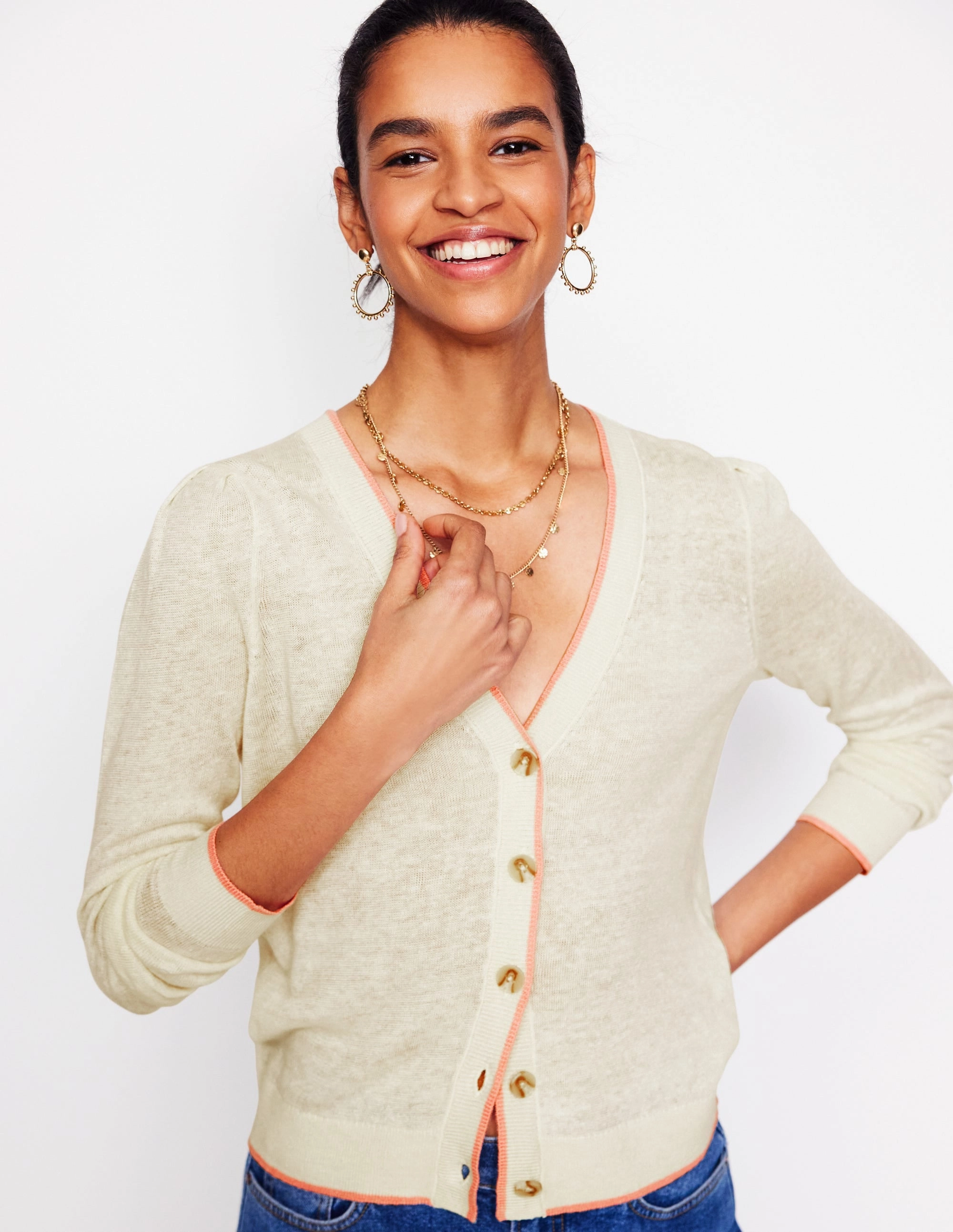 Liv V-Neck Linen Cardigan-Warm Ivory NonRestrictive Cut
