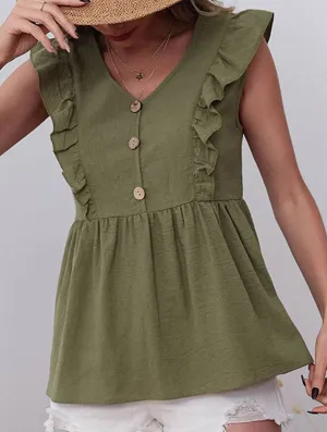 COTTON AND LINEN SLEEVELESS V-NECK BLOUSE_CWTBLSL0204 High Visibility Trim