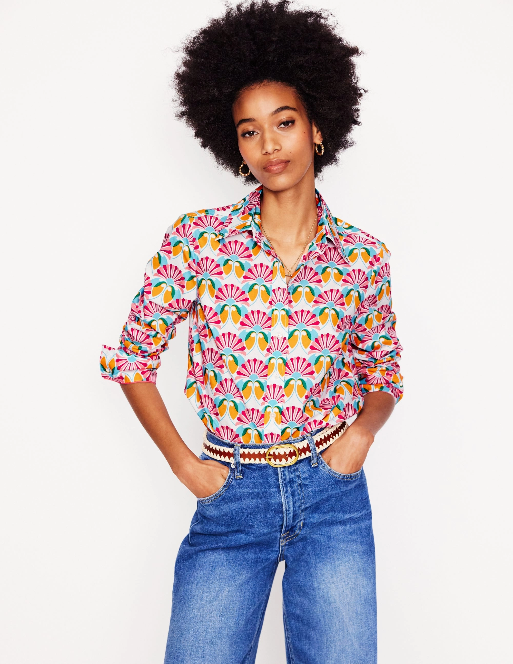 Sienna Cotton Shirt-Ivory, Daisy Bloom Geo ZeroWasteProduction Printed top