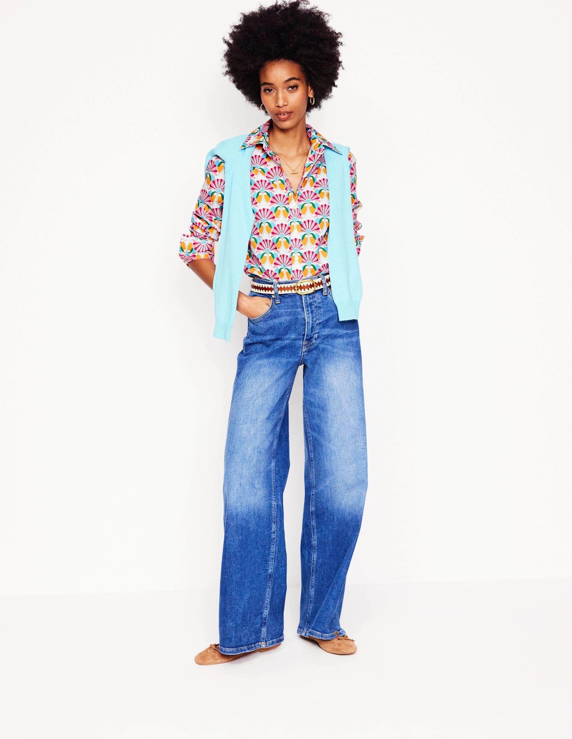 ReinforcedShoulderConstruction Sienna Cotton Shirt-Ivory, Daisy Bloom Geo