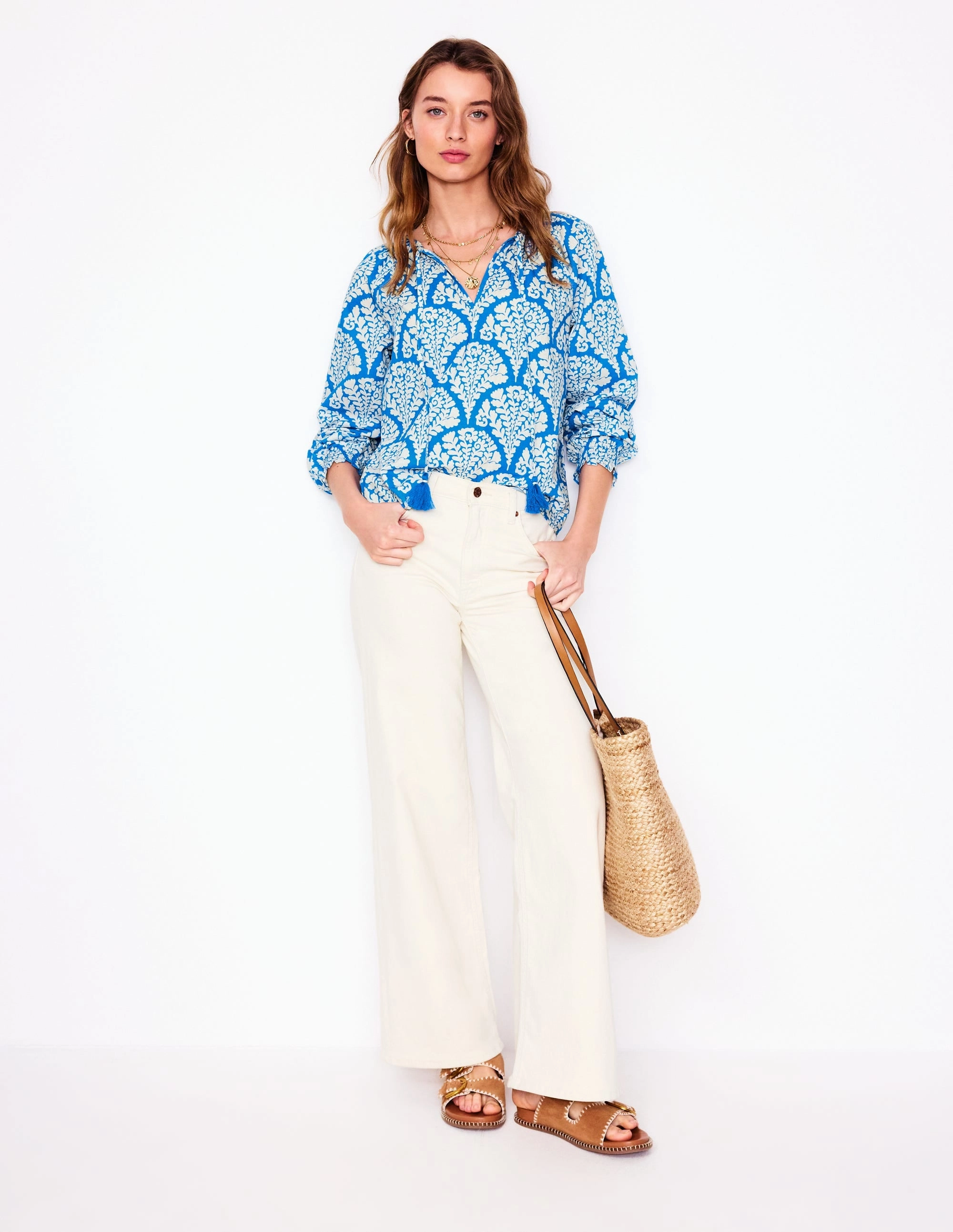 Easy Cotton Blouse-Cerulean Blue, Blossomy FadeResistant Finish Sustainable Production Methods