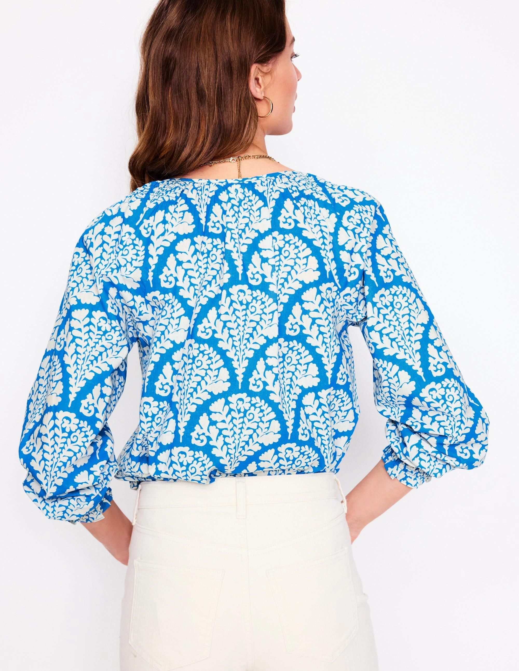 Easy Cotton Blouse-Cerulean Blue, Blossomy Ribbed Hem Finish