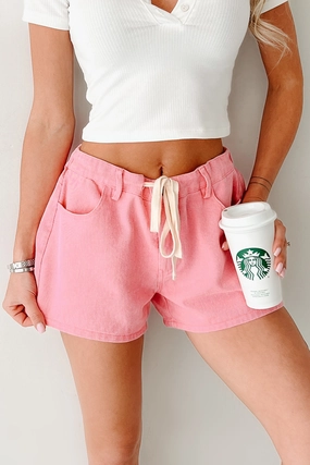 Lowkey Lovely Drawstring Denim Shorts (Pink) Water-resistant No Gap Waist