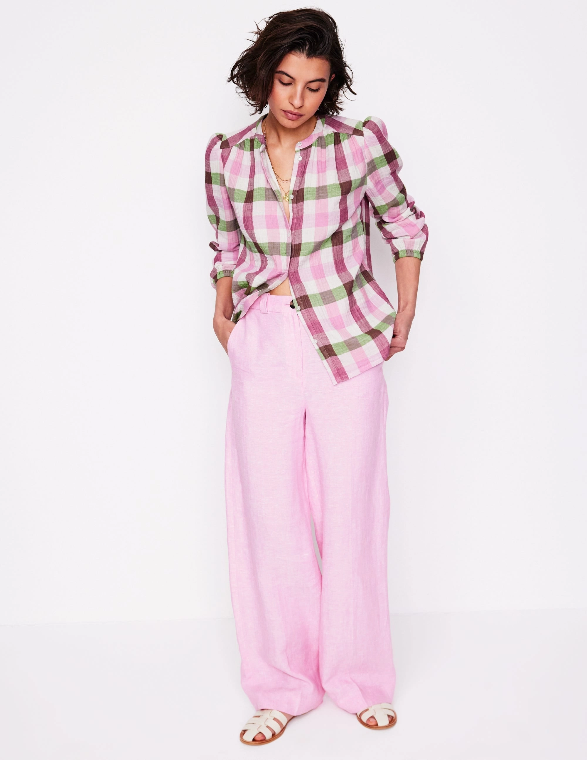 Cool Weather Layered Look Gingham Double Cloth Top-Pink and Green Gingham
