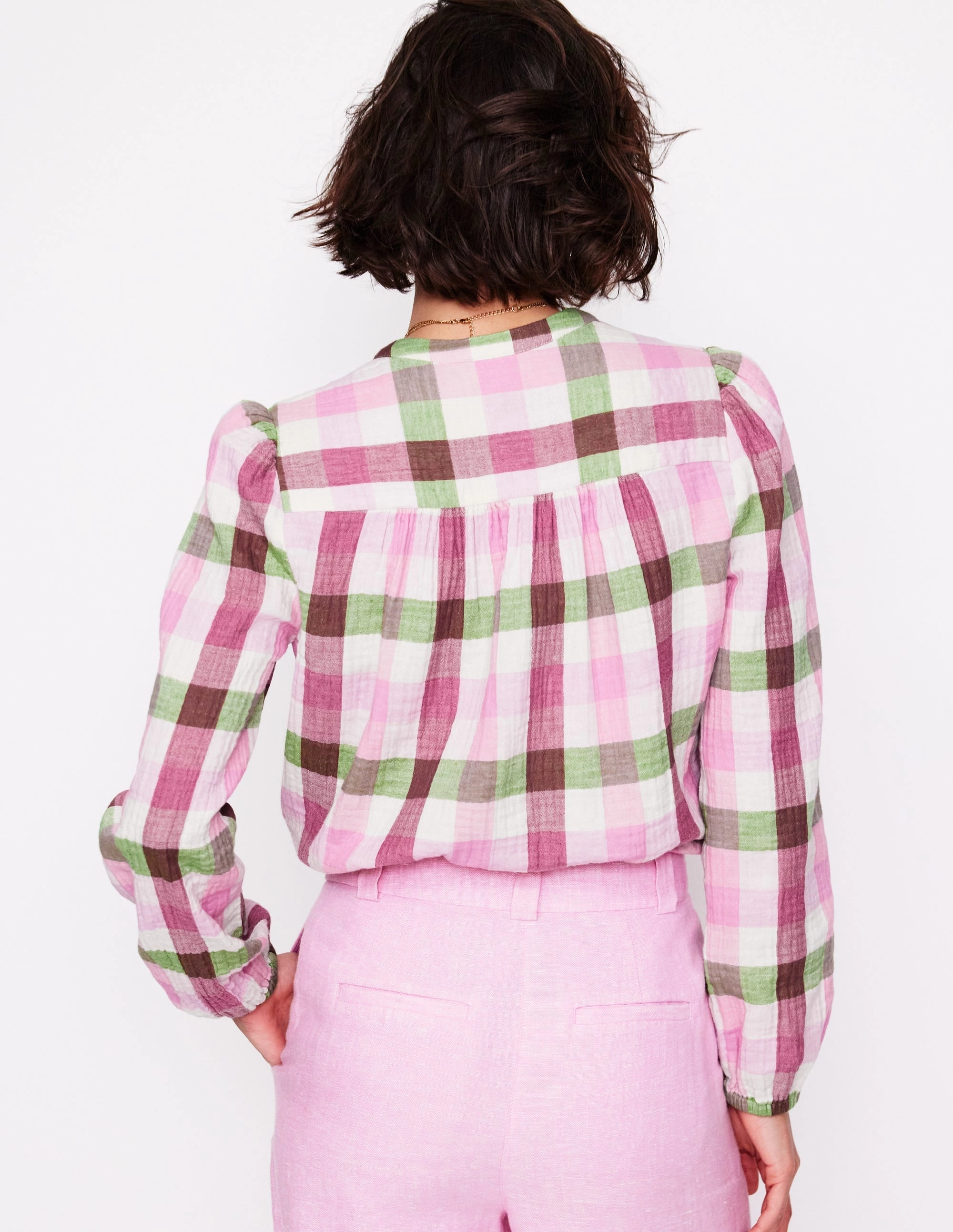 AthleisureCompatible ReflectiveDetails Gingham Double Cloth Top-Pink and Green Gingham