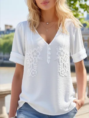 Casual V-Neck Pullover Short Sleeve Blouse ??Lightweight Viscose Blend Low Profile Zipper Closure Sporty Hoodie
