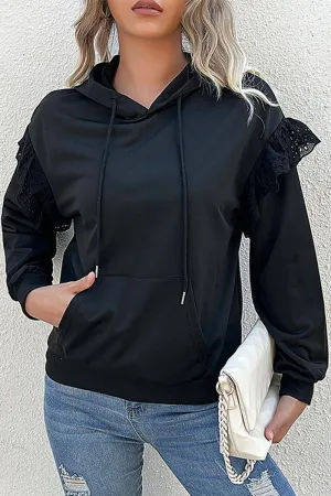 Breathable Material Active Wear WOMEN LACED FRILL HOODIE WITH KANGAROO POCKET