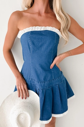 Catch A Thrill Strapless Pleated Mini Dress (Denim) Yarn Dye Stripe