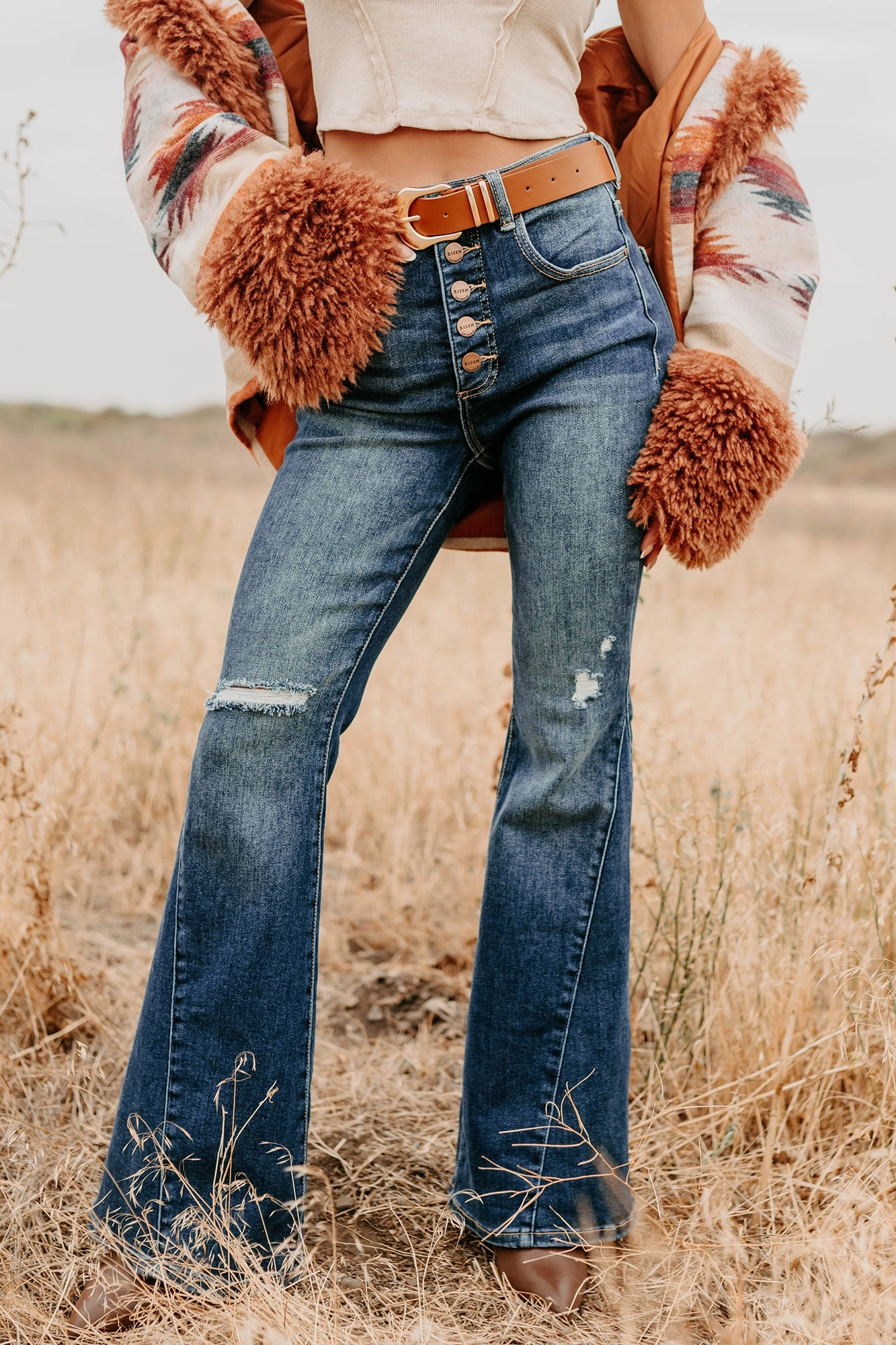 Stretch Knit Fabric Thermal Regulation Fabric Valina High Rise Tummy Control Buttoned Flare Risen Jeans (Dark)