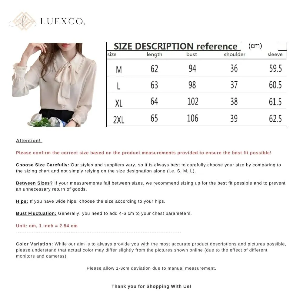 Luexco Apricot Ribbon Bow Blouse Draped Lapel Chiffon Top