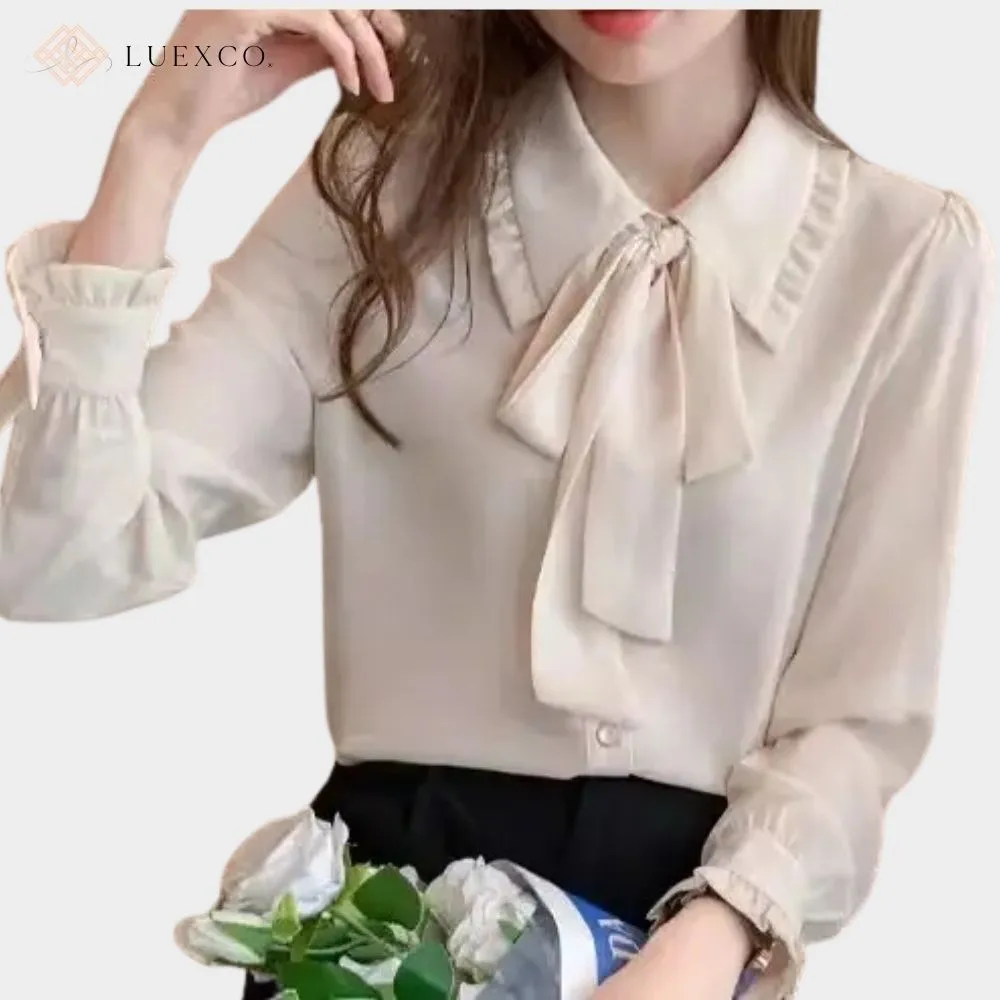 Luexco Apricot Ribbon Bow Blouse Draped Lapel Chiffon Top