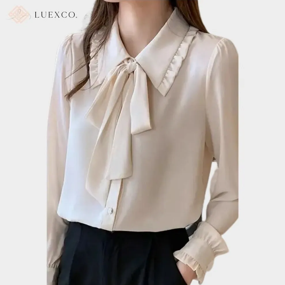 Luexco Apricot Ribbon Bow Blouse Draped Lapel Chiffon Top