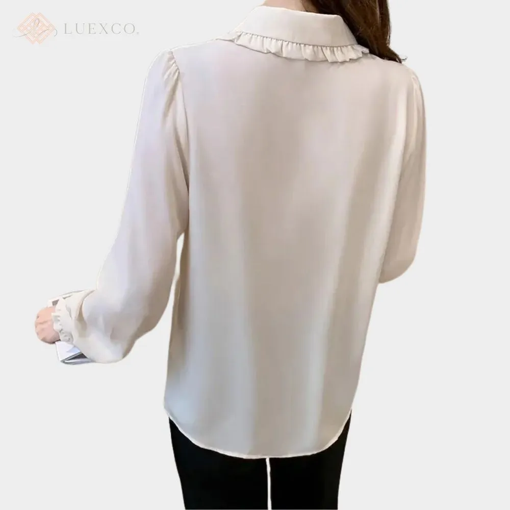 Luexco Apricot Ribbon Bow Blouse Draped Lapel Chiffon Top
