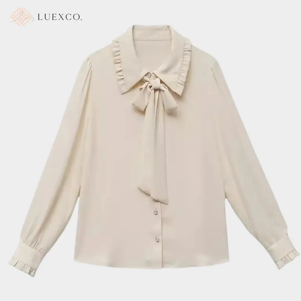 Luexco Apricot Ribbon Bow Blouse Draped Lapel Chiffon Top