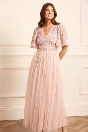 Rosie Lace Bodice Short Sleeve V-Neck Ankle Gown Midi-Length Button Accent