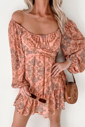Silky Movement Lace Fine Caught Between Raindrops Paisley Print Mini Dress (Mauve)