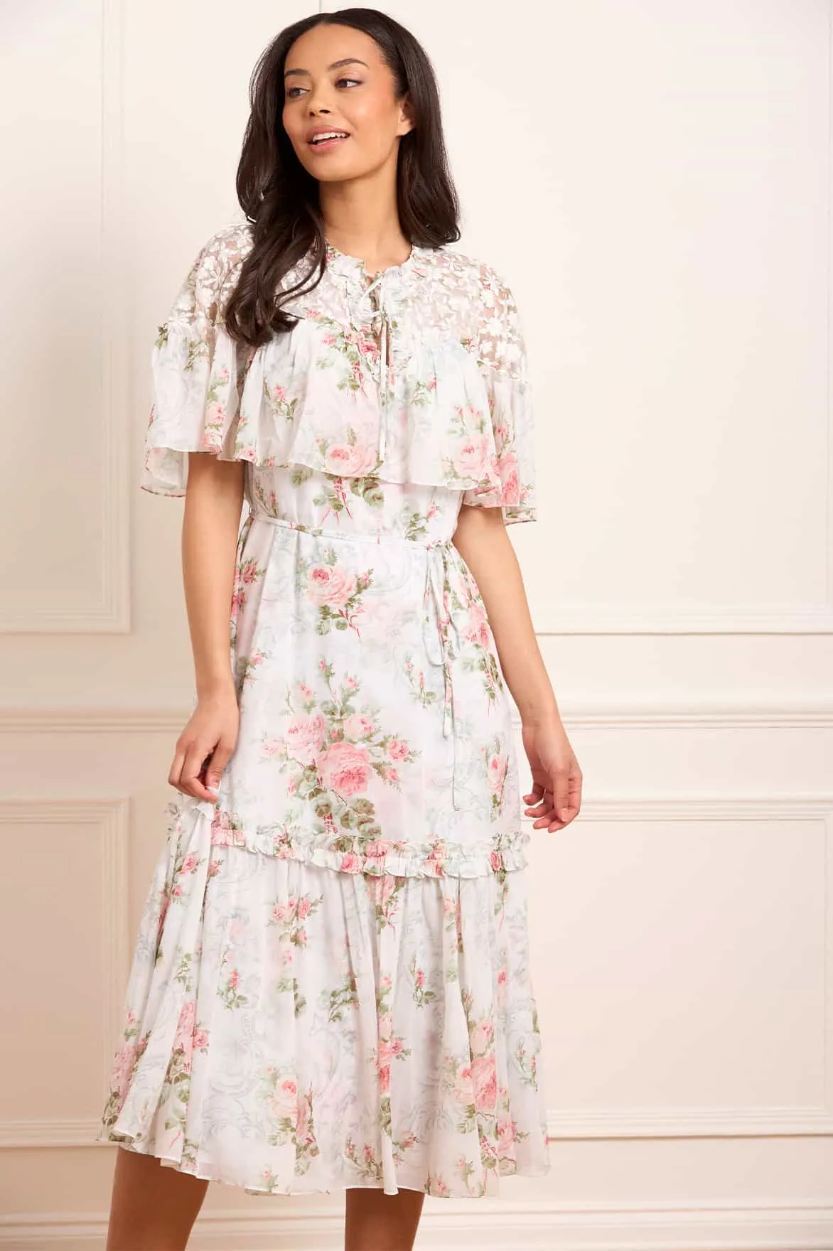 Sleeveless Cut Madame Rose Carla Chiffon Cape Ballerina Dress