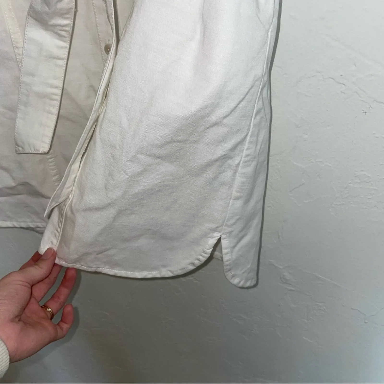 Madewell Seamed Courier Tie Waist Button-Down White Denim Mini Shirt Dress (XS)