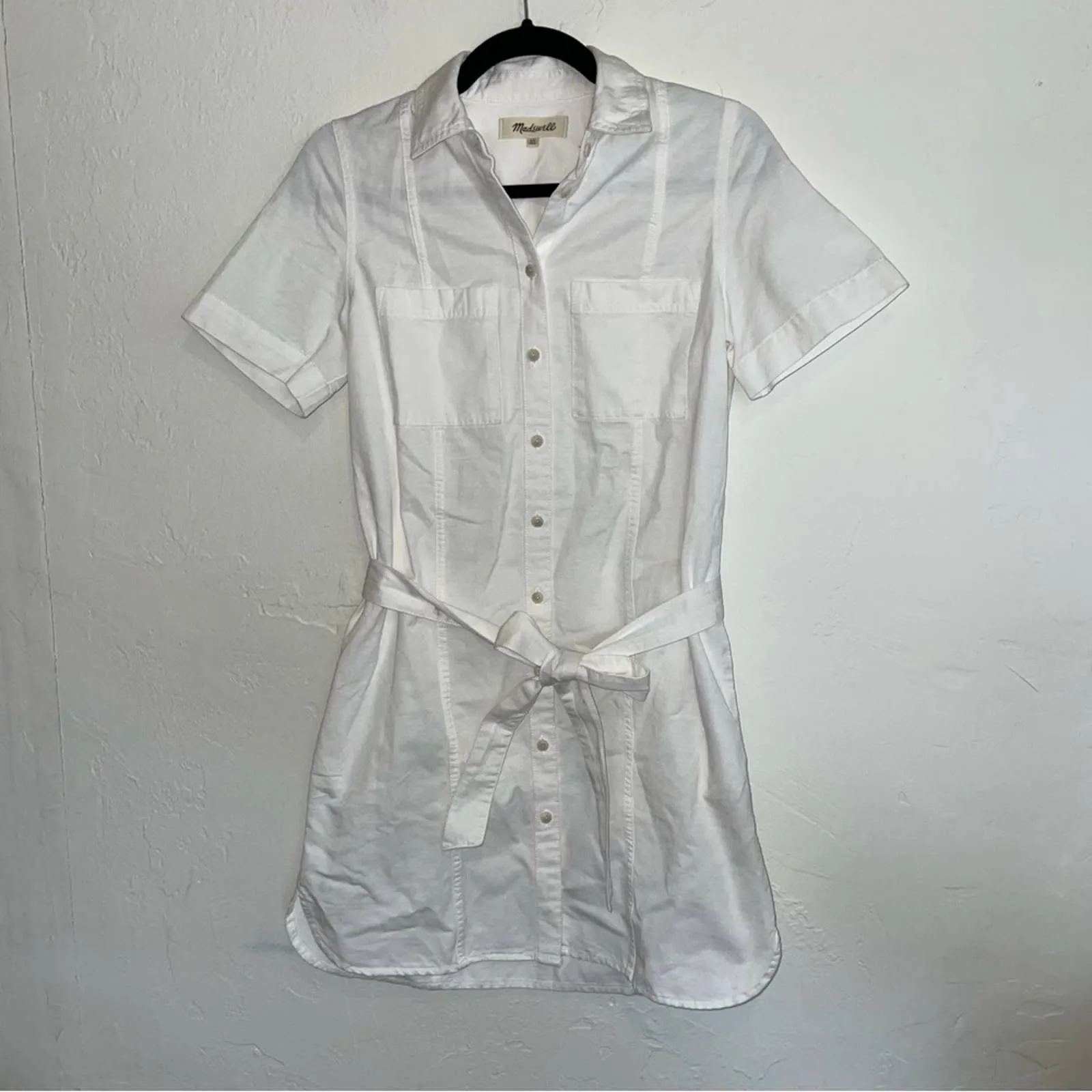 Madewell Seamed Courier Tie Waist Button-Down White Denim Mini Shirt Dress (XS)
