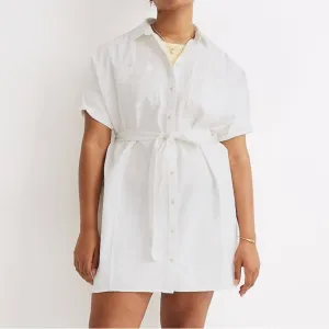 Madewell Seamed Courier Tie Waist Button-Down White Denim Mini Shirt Dress (XS)
