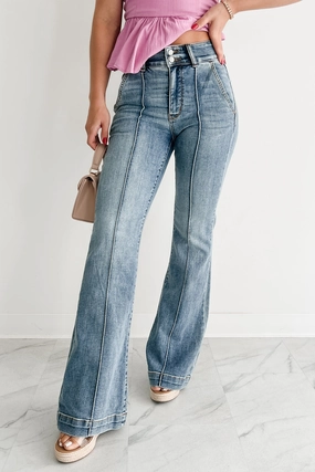 Mae High Rise Judy Blue Flare Jeans (Medium) Adjustable Belt Loops Flexible Cut