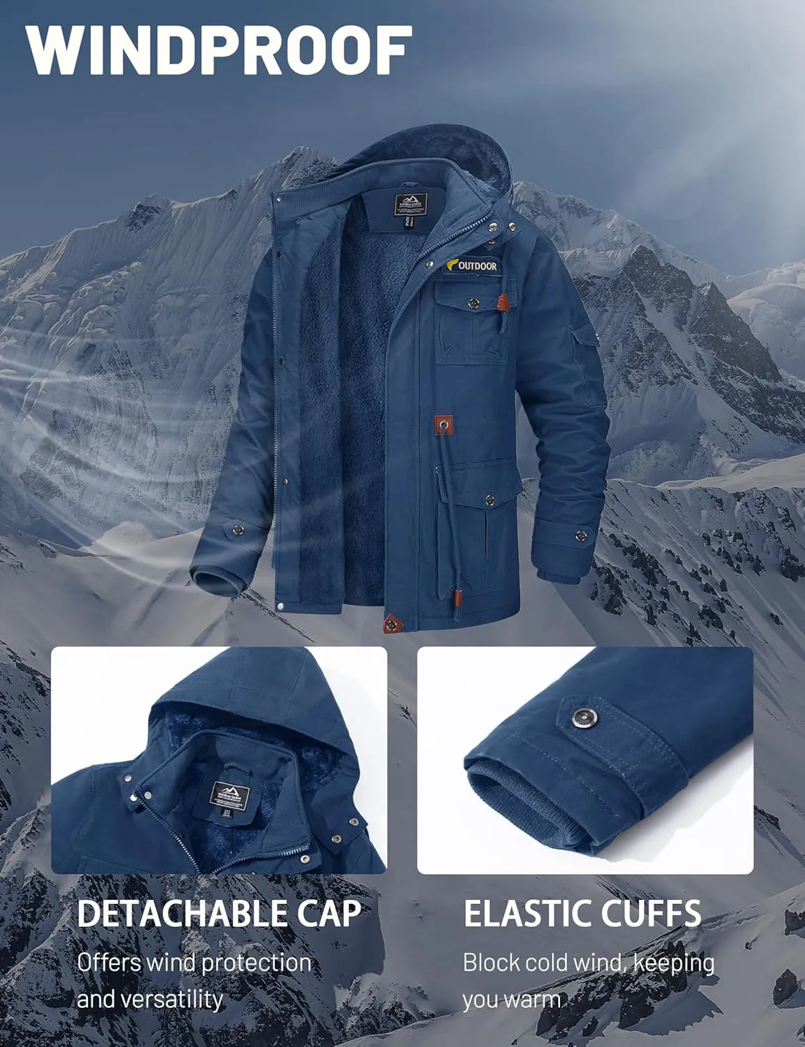 MAGCOMSEN Men's Winter Coat Military Jacket Fleece Lined Parka Cotton Cargo Jacket