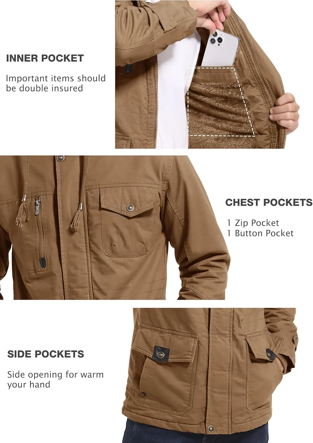 MAGCOMSEN Men's Winter Coat Military Jacket Fleece Lined Parka Cotton Cargo Jacket