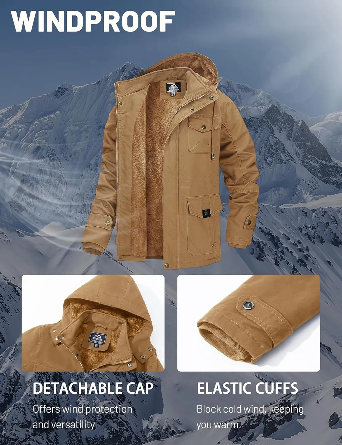 MAGCOMSEN Men's Winter Coat Military Jacket Fleece Lined Parka Cotton Cargo Jacket
