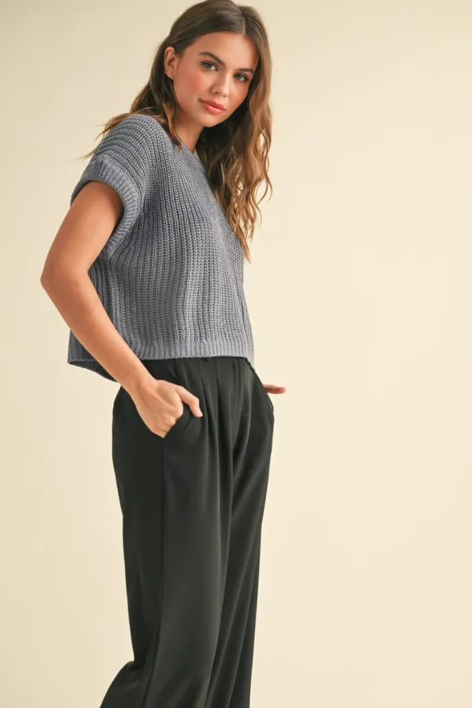 Maggie Cap Sleeve Sweater in Denim Blue Yarn Dyed Pattern Cloth Quick Dry Tech