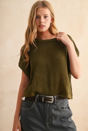 Minimalist Silhouette Cut AllPurpose Design Maggie Cap Sleeve Sweater in Olive
