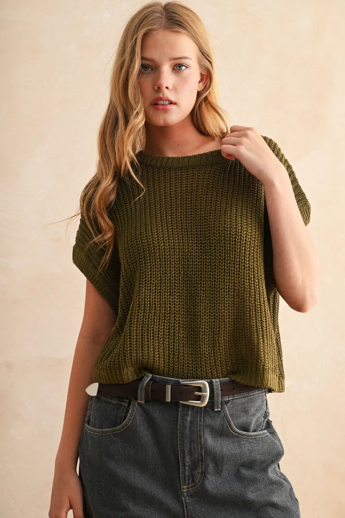 Minimalist Silhouette Cut AllPurpose Design Maggie Cap Sleeve Sweater in Olive