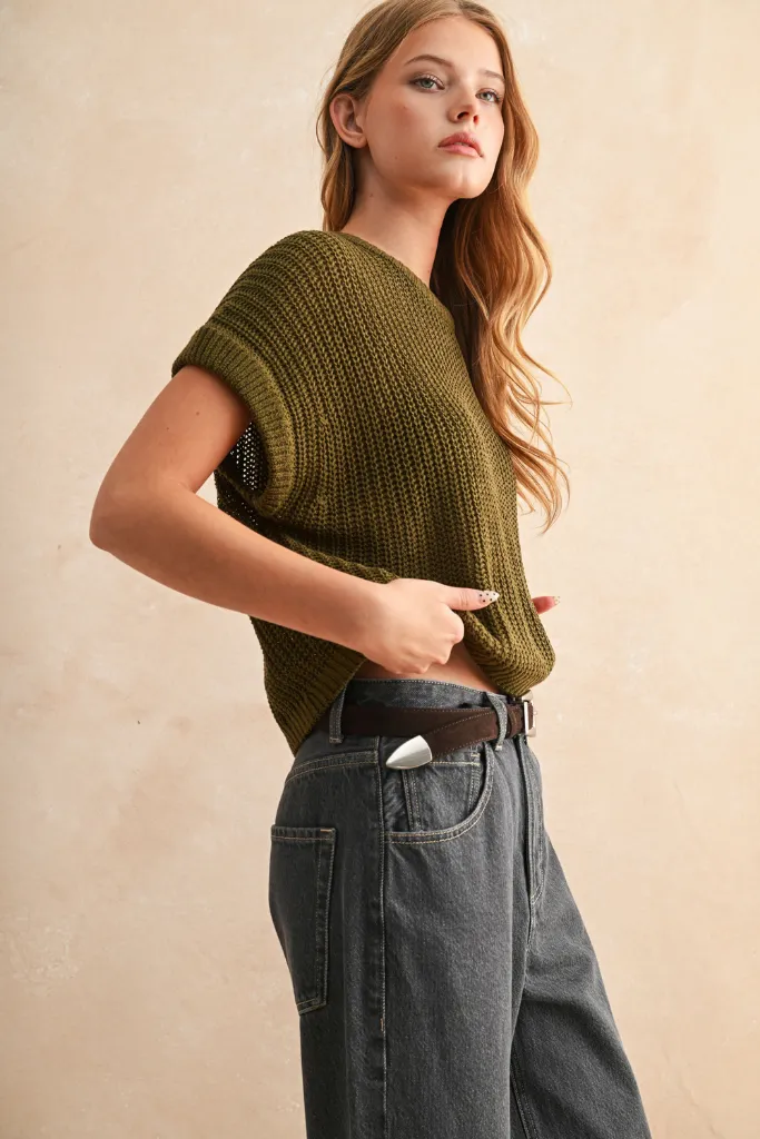 Odor Resistant Finish Contrast Stitch Detail Maggie Cap Sleeve Sweater in Olive