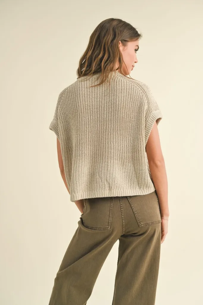 Non Iron Fabric RibbedCollar Maggie Cap Sleeve Sweater in Stone