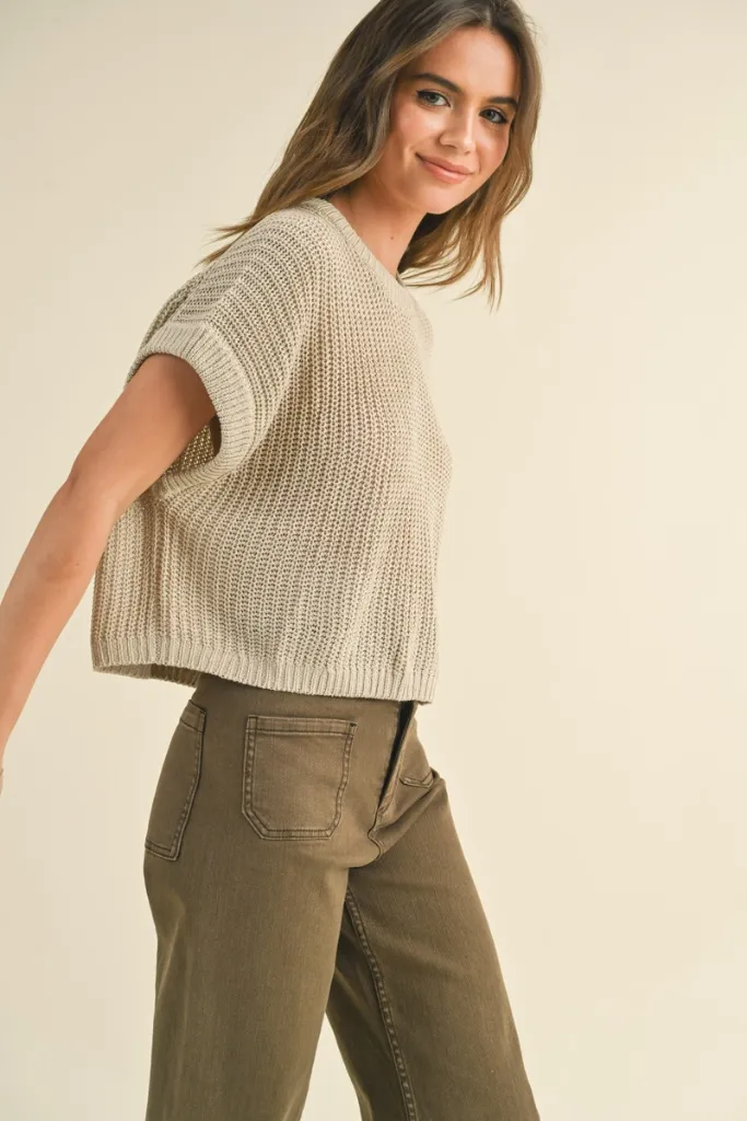 Maggie Cap Sleeve Sweater in Stone Sandwich Mesh Panel Structure Relaxed Top