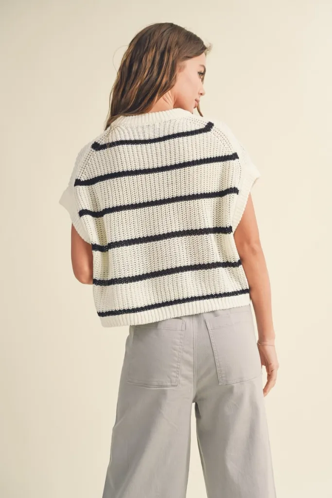 Wrinkle Resistant Weave MultiPanel Design Maggie Stripe Cap Sleeve Sweater in Black Stripe