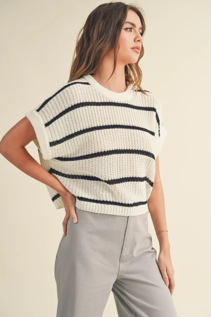 Maggie Stripe Cap Sleeve Sweater in Black Stripe Comfortable Cotton Full Coverage Fit